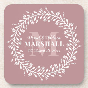Keepsake Newlywed Couple Pink Wreath Monogram Coaster
