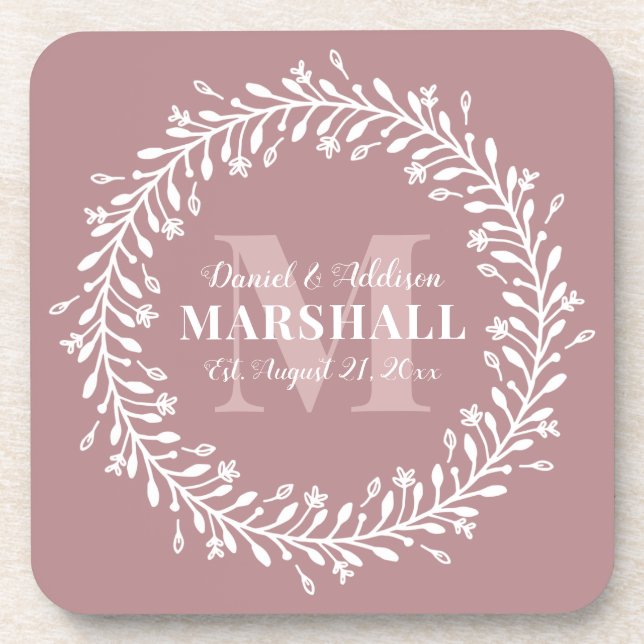 Keepsake Newlywed Couple Pink Wreath Monogram Coaster (Front)