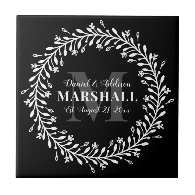 Keepsake Newlywed Couple Wreath Monogram Name Tile (Front)