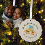 Keepsake Photo Bow Bells First Christmas Engaged Ornament Card<br><div class="desc">First Christmas as an engaged couple personalized keepsake paper ornament with photo on the back. Created from a hand drawn kitschy watercolor bells and bow in a vintage inspired style.  Original art by Leslie Larson.</div>