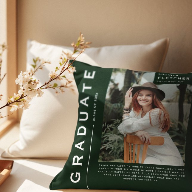 Keepsake Photo & Quote Graduation Gift Green Throw Pillow (Creator Uploaded)