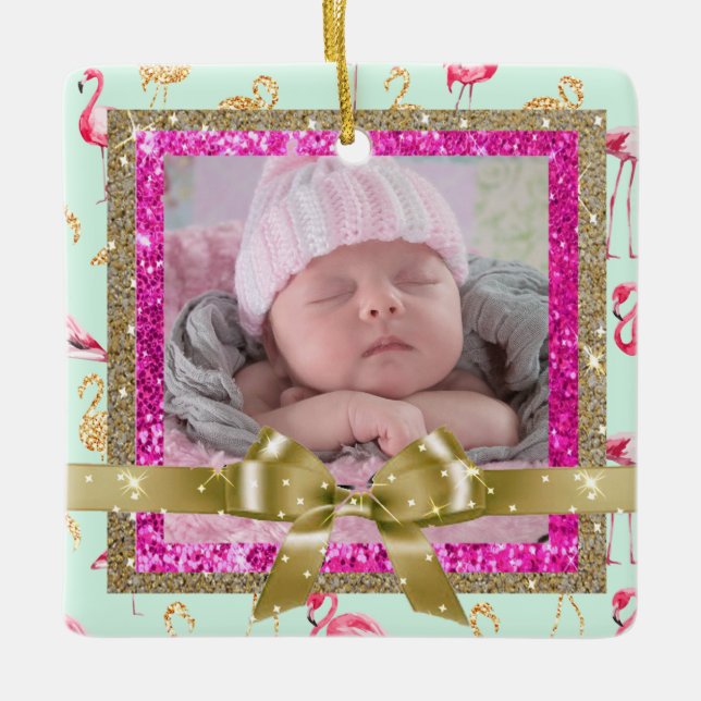 Keepsake Pink and Teal Flamingo Ornament New Baby (Front)