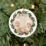 Keepsake Twins First Christmas Wreath Photo Ceramic Ornament<br><div class="desc">Keepsake for your twin's first Christmas with a watercolor wreath that frames your favourite photo.</div>
