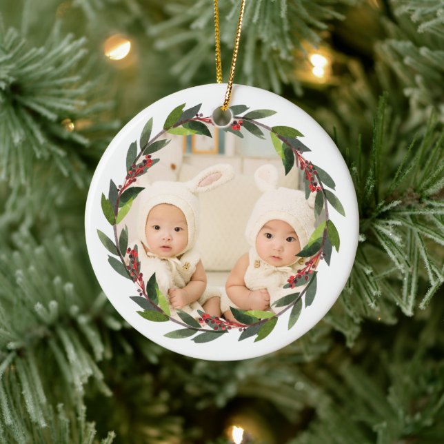 Keepsake Twins First Christmas Wreath Photo Ceramic Ornament (Tree)