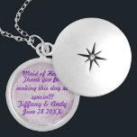 Keepsake wedding locket<br><div class="desc">A purple floral background with beautiful personalized purple text. This is the perfect way for thanking the wonderful women that had those very special jobs on your wedding day. It could be a gift to the mother of the bride or groom, bridesmaids, maid of honour, flower girl. It is silver...</div>