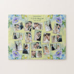 Keepsake Wedding Photo Collage Watercolor Floral Jigsaw Puzzle<br><div class="desc">This keepsake wedding photo collage template includes places for 16 photos, a personal header, their names and the date. Decorated with colourful watercolor flowers in shades of blue and lavender on a neo mint background. A very unique, romantic design and a fun, easy way to create a one of a...</div>