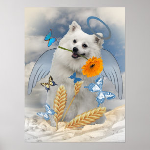 Keeshond Angel Stands With Butterflies art Poster