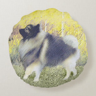 Keeshond Aspen Painting - Cute Original Dog Art Round Pillow