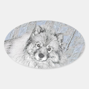 Keeshond Beth Painting - Cute Original Dog Art Oval Sticker