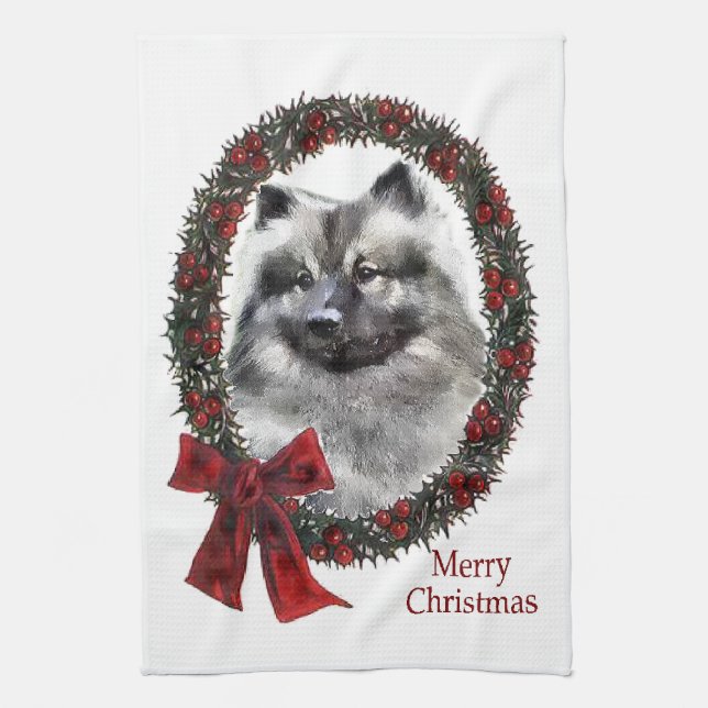 Keeshond Christmas Kitchen Towel (Vertical)