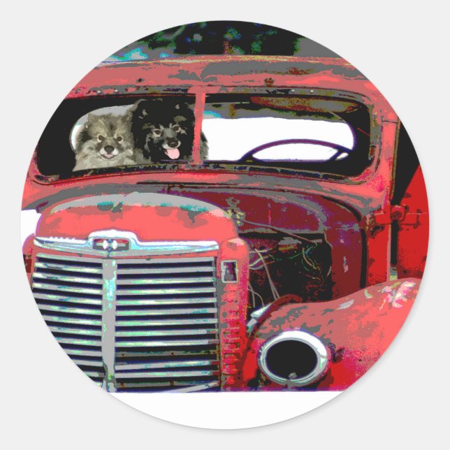 Keeshond Christmas Old Truck Painting Dog Art Classic Round Sticker (Front)