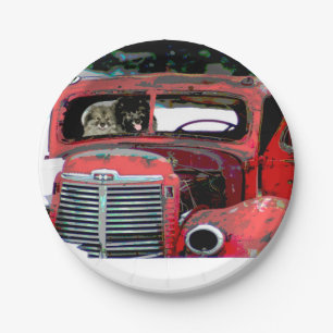 Keeshond Christmas Old Truck Painting Dog Art Paper Plate