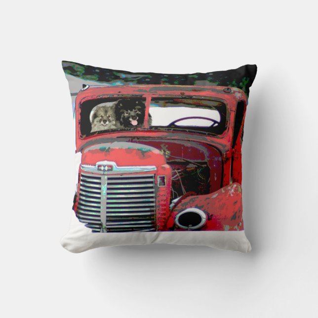 Keeshond Christmas Old Truck Painting Dog Art Throw Pillow (Front)