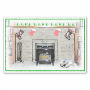 Keeshond Christmas Puppy Dog by Fireplace Painting