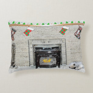 Keeshond Christmas Puppy Dog by Fireplace Painting Accent Pillow