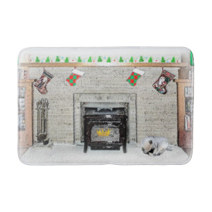 Keeshond Christmas Puppy Dog by Fireplace Painting Bath Mat