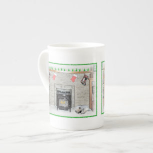 Keeshond Christmas Puppy Dog by Fireplace Painting Bone China Mug