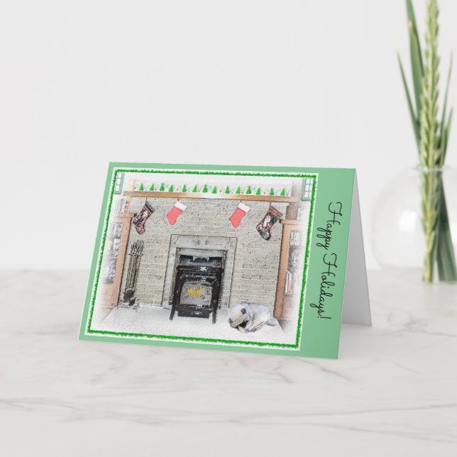 Keeshond Christmas Puppy Dog by Fireplace Painting Card (Front)