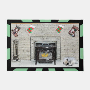 Keeshond Christmas Puppy Dog by Fireplace Painting Doormat