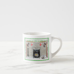 Keeshond Christmas Puppy Dog by Fireplace Painting Espresso Cup
