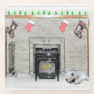 Keeshond Christmas Puppy Dog by Fireplace Painting Glass Coaster