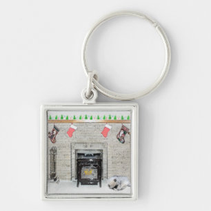 Keeshond Christmas Puppy Dog by Fireplace Painting Keychain