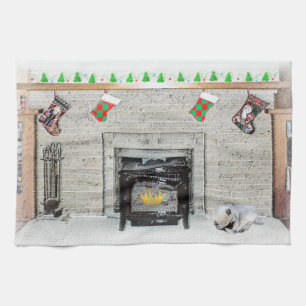 Keeshond Christmas Puppy Dog by Fireplace Painting Kitchen Towel