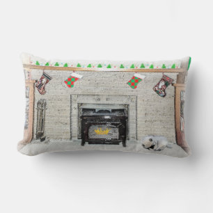 Keeshond Christmas Puppy Dog by Fireplace Painting Lumbar Pillow