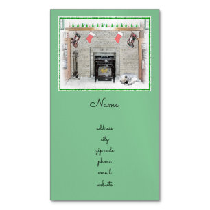 Keeshond Christmas Puppy Dog by Fireplace Painting Magnetic Business Card