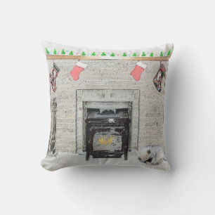Keeshond Christmas Puppy Dog by Fireplace Painting Outdoor Pillow