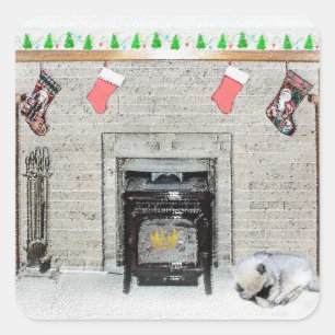 Keeshond Christmas Puppy Dog by Fireplace Painting Square Sticker