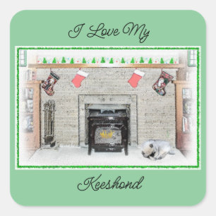 Keeshond Christmas Puppy Dog by Fireplace Painting Square Sticker