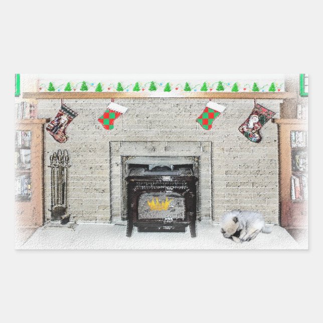 Keeshond Christmas Puppy Dog by Fireplace Painting Sticker (Front)