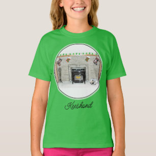 Keeshond Christmas Puppy Dog by Fireplace Painting T-Shirt