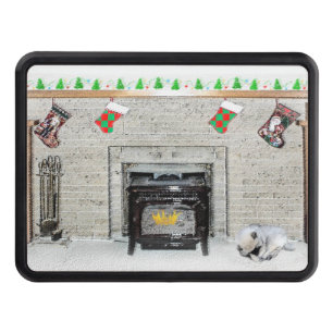 Keeshond Christmas Puppy Dog by Fireplace Painting Trailer Hitch Cover