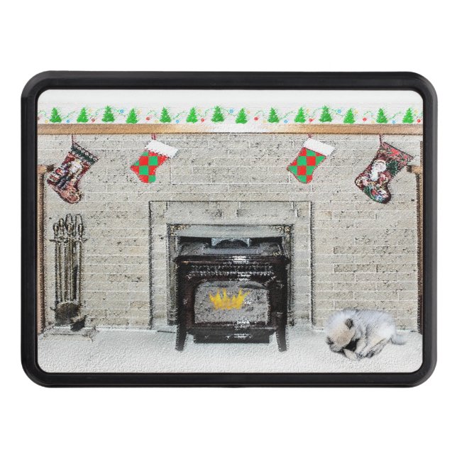 Keeshond Christmas Puppy Dog by Fireplace Painting Trailer Hitch Cover (Front)