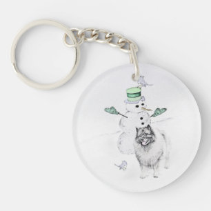 Keeshond Christmas Snowman Painting Dog Art Keychain
