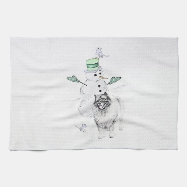 Keeshond Christmas Snowman Painting Dog Art Kitchen Towel (Horizontal)