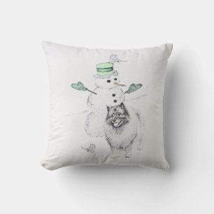 Keeshond Christmas Snowman Painting Dog Art Outdoor Pillow