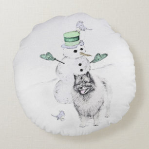 Keeshond Christmas Snowman Painting Dog Art Round Pillow