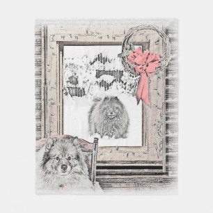 Keeshond Christmas Winter Window Painting Dog Art Fleece Blanket