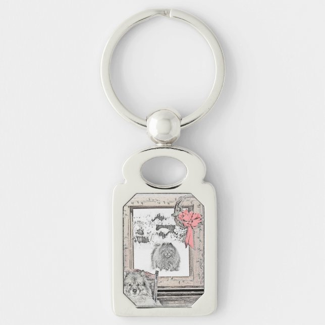 Keeshond Christmas Winter Window Painting Dog Art Keychain (Front)