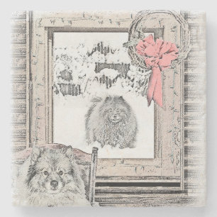 Keeshond Christmas Winter Window Painting Dog Art Stone Coaster