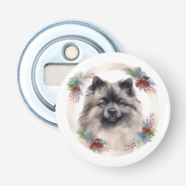 Keeshond Christmas Wreath Festive Pup Bottle Opener (Front)