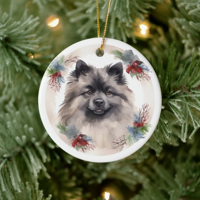 Keeshond Christmas Wreath Festive Pup Ceramic Ornament (Tree)