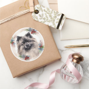 Keeshond Christmas Wreath Festive Pup Classic Round Sticker