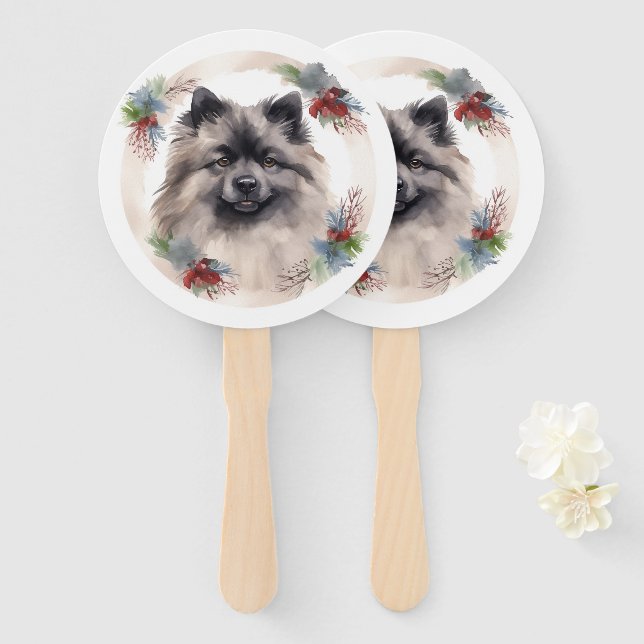 Keeshond Christmas Wreath Festive Pup Hand Fan (Front and Back)