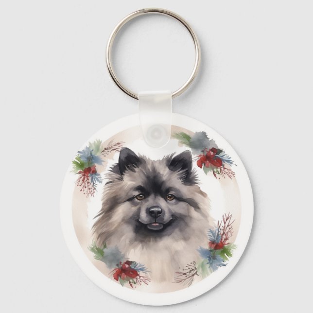 Keeshond Christmas Wreath Festive Pup Keychain (Front)
