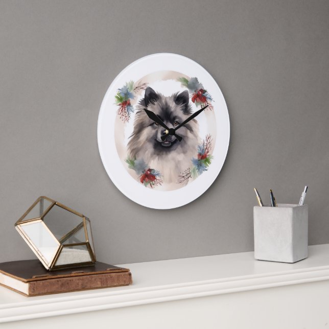 Keeshond Christmas Wreath Festive Pup Large Clock (Office)