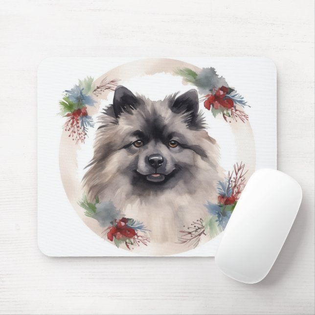 Keeshond Christmas Wreath Festive Pup Mouse Pad (With Mouse)